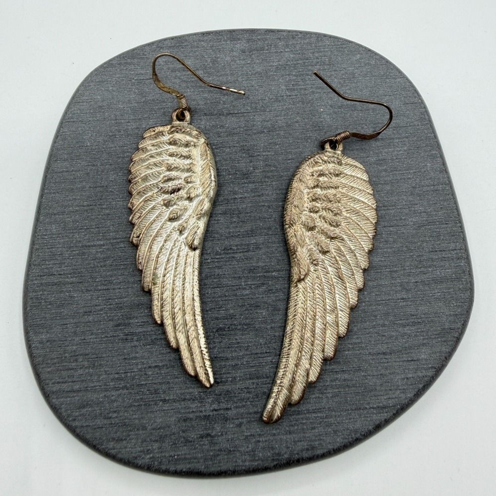 Gold Tone Angel Wing Feather Long Dangle Drop Earrings Boho Statement Jewelry